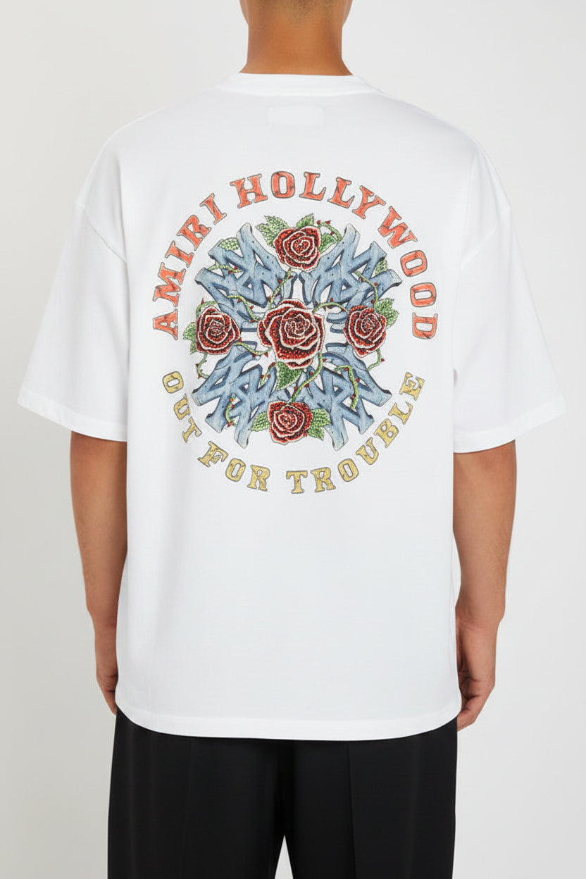 AMIRI OUT FOR TROUBLE MEN WHITE PRINTED COTTON T-SHIRT