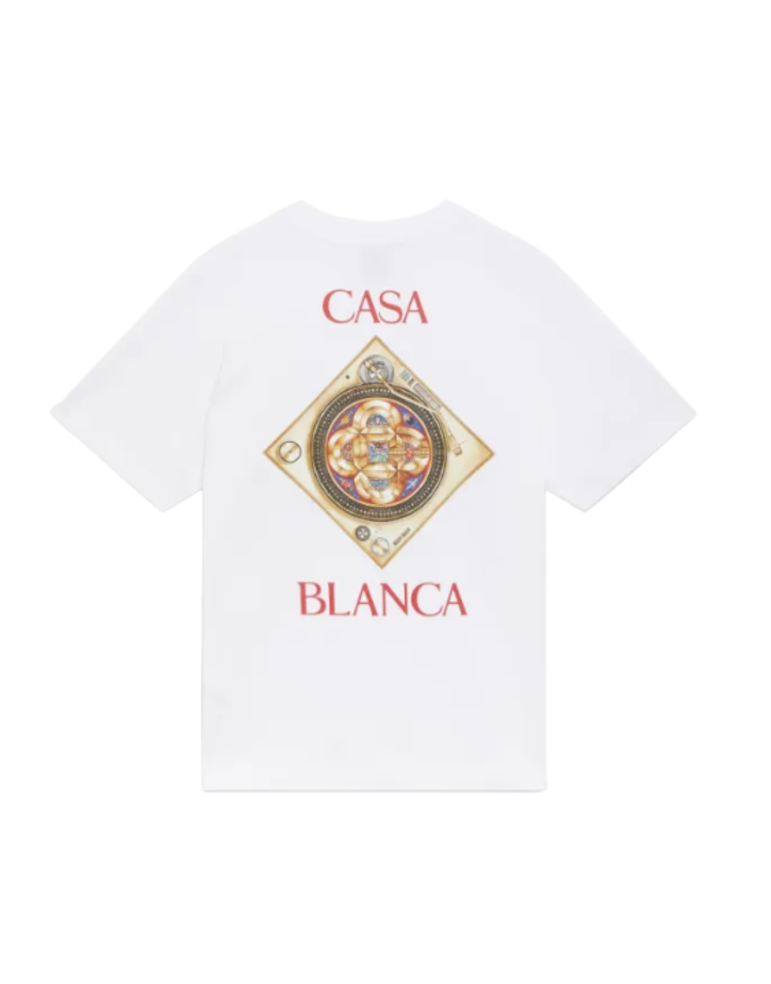 White t-shirt with 'Casa Blanca' logo on a white background
