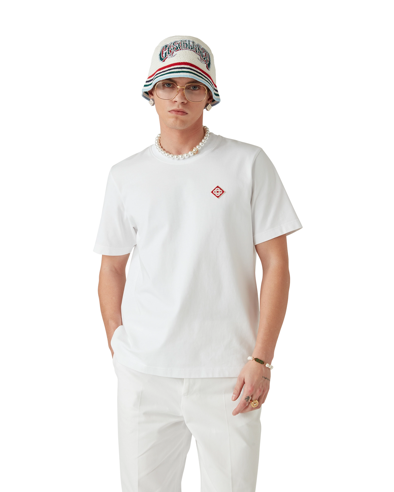 Casablanca White Diamond Logo Short Sleeve T‑Shirt