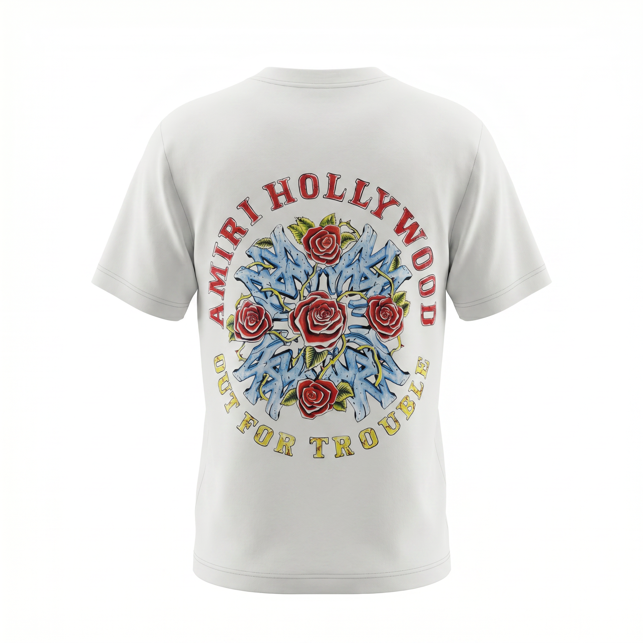 White t-shirt with colorful graphic design and text on a white background
